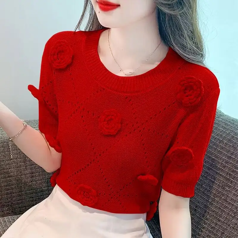 

Female Summer T-Shirt 3D Flower Knitted Sweaters Crop Tops Women's Short Sleeve Hollow Out Knitwear Pullover Pull Femme Q912