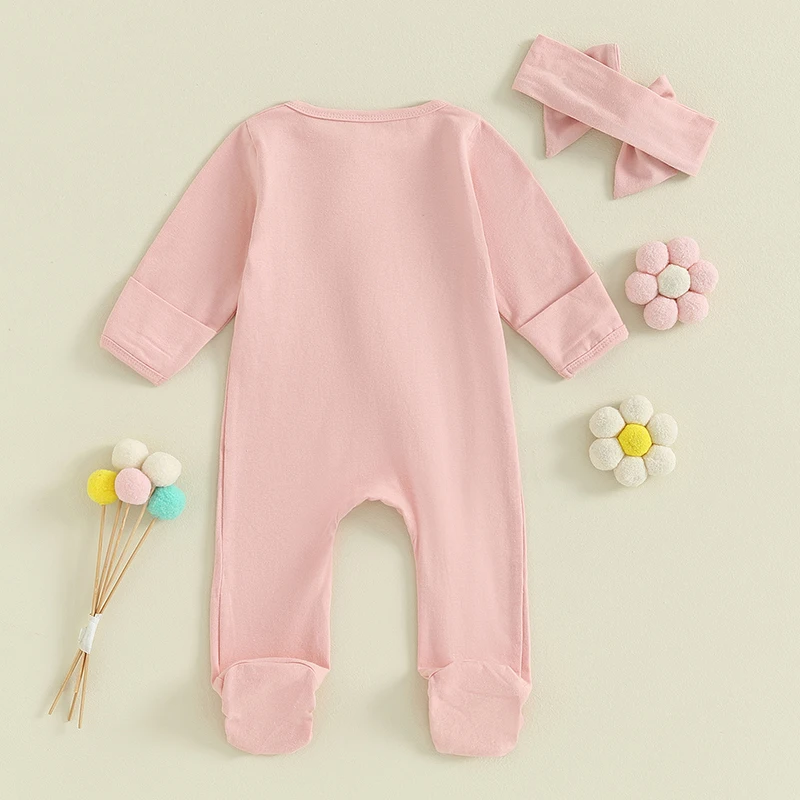Newborn Baby Girls Footies Outfit Solid Color Long Sleeve Footed Zipper Romper and Headband Set for Infant Spring Fall Clothes