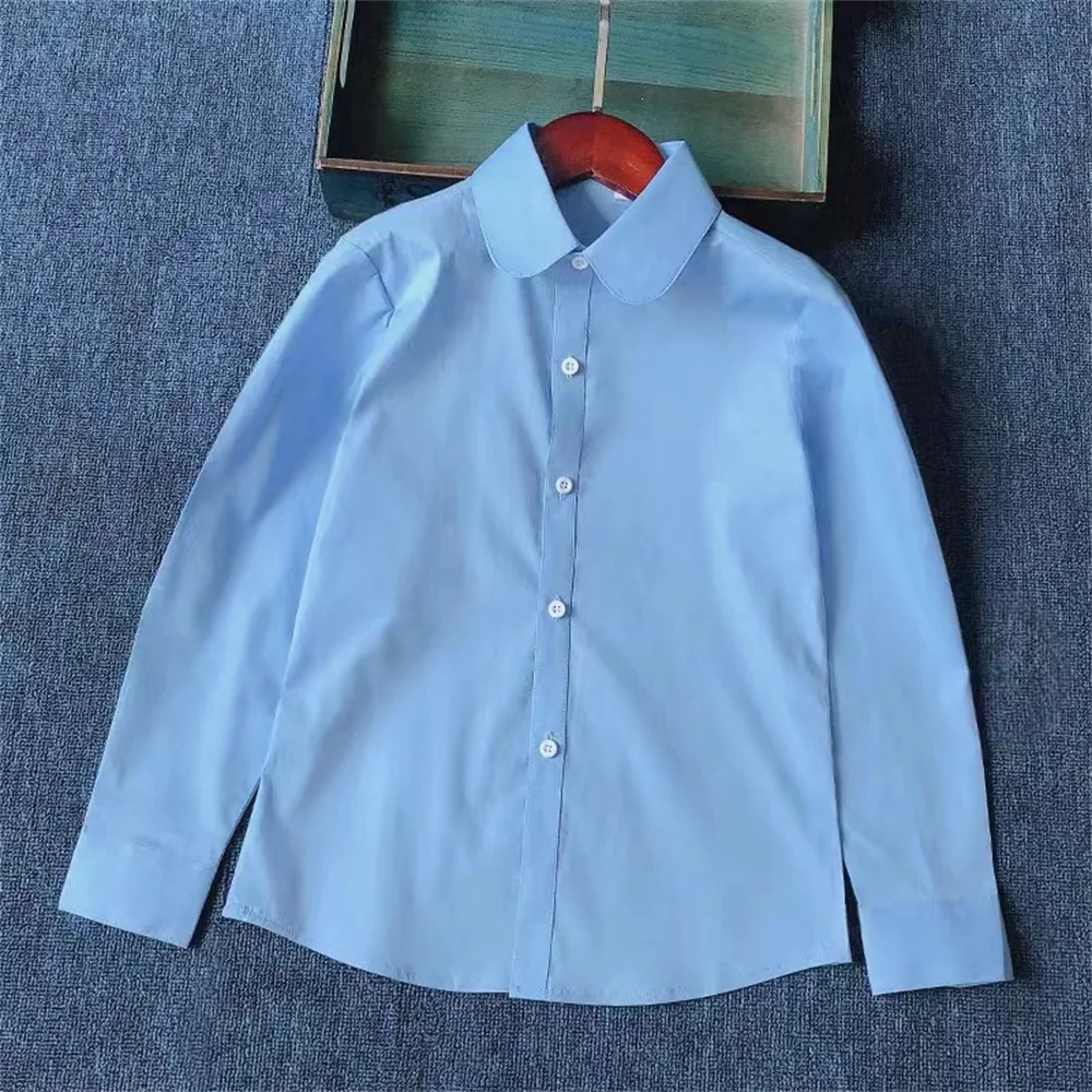 Summer Autumn children's long sleeved cotton shirt blue White for boys and girls school Uniform students shirt Children Clothes