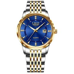 Elegant Women's Luxury Waterproof Bracelet Watch - Fashion Quartz Timepiece (Gold blue)