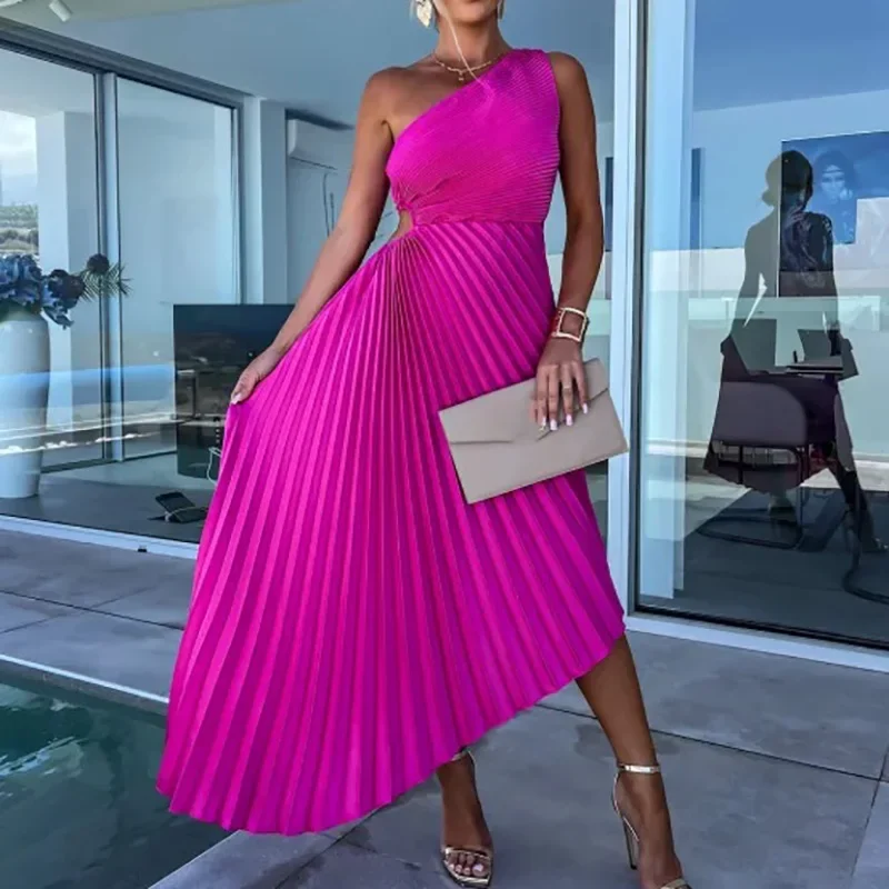 

Сексуальное асимметричное платье с одним открытым плечом, женское однотонное облегающее вечернее платье, элегантное Плиссированное пляжное платье с косым воротником