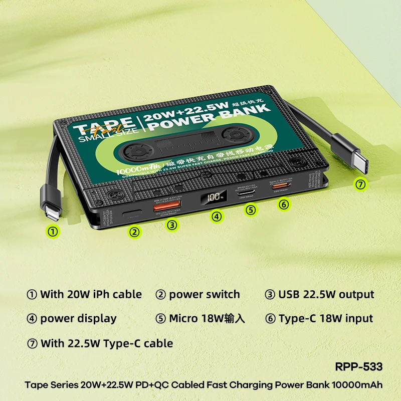 Tape Series 20W+22.5W PD Quick Charge Cabled Fast Charging Power Bank 10000mAh Retro Design Power Bank with Dual Wires