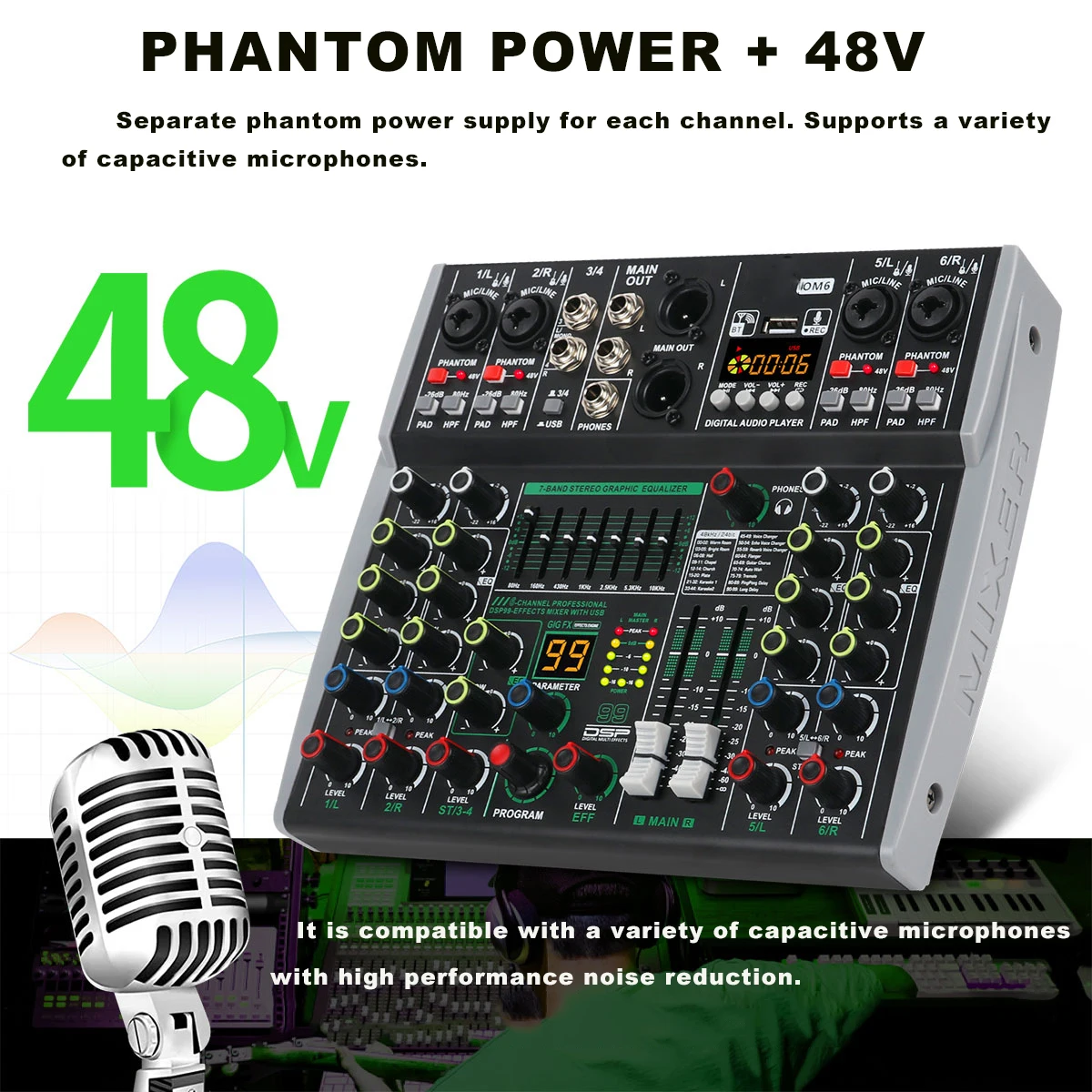 XTUGA OM6 프로페셔널 오디오 믹서 6채널 99 DSP 이펙트 믹싱 콘솔 (블루투스, USB 레코딩, 비디오 및 조명 기능 포함)