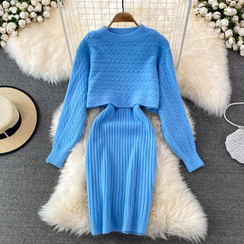 Two-piece Dress Women 2024 Spring and Autumn Loose Round Neck Short Knit Top & Casual Camisole Vest Skirt Slim Fit Long Dress