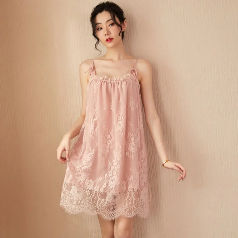 New Sexy Lingerie Lady Sexy Thin with Shoulder-Straps Lace See-through Nightdress