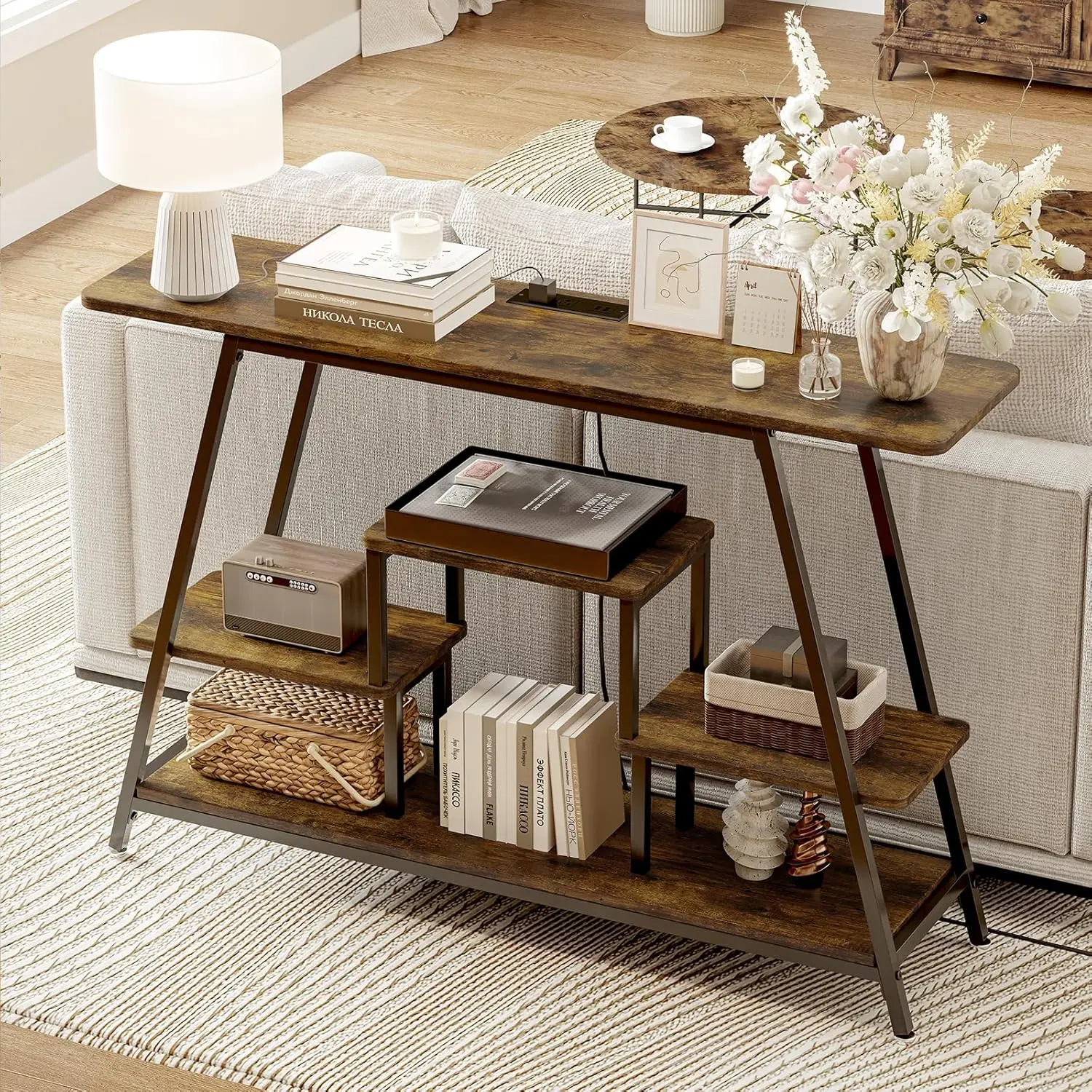 47.2" Narrow Entryway Table with Power Outlets, Industrial 4-Tier Console Table with Storage, Small Sofa Table Behind The Couch