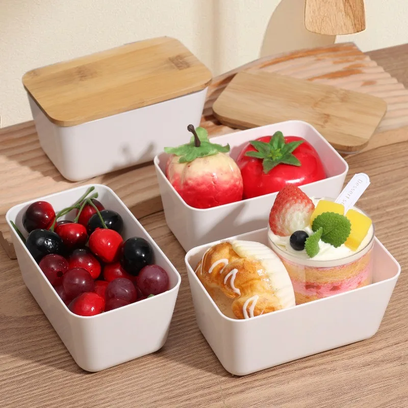 Butter Dish with Bamboo Lid Cover Rectangular Sealed Storage Box Restaurant Storage Plate Food Crisper Box for Countertop Fridge 2