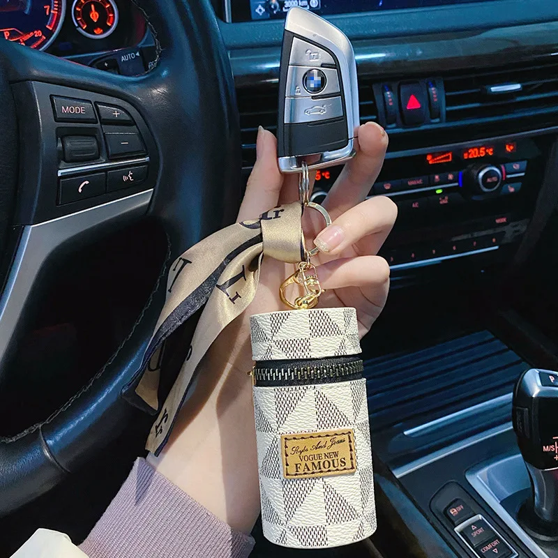 Creative Luxury Leather Plaid Mini Lipstick Bags Keychain Fashion Exquisite Storage Bag Keyring Female bag Car Key Chain Pendant