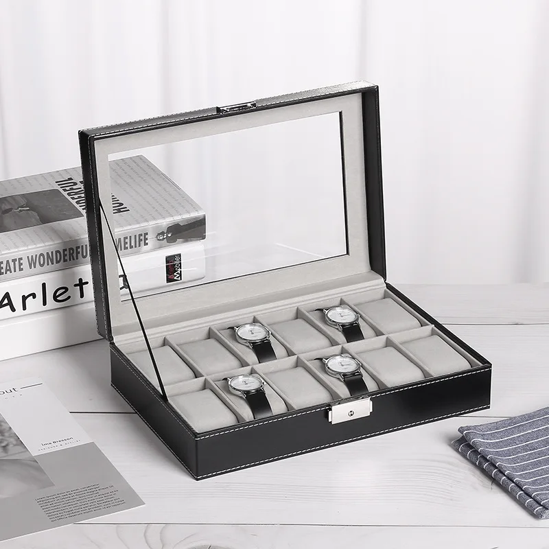 DELESYS Grey PU Leather 6/10/12 Slots Watch Box Watch Jewelry Storage Box Display Case For Holiday Gift