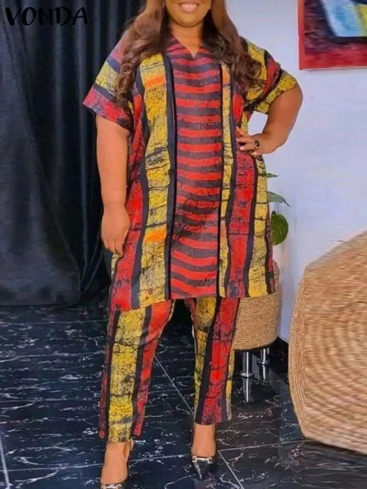 5xl 섹시한 V 넥 레이스 업 크롭 탑과 미디 랩 스커트 세트, 플러스 사이즈 여성용 투피스 정장, 주름 프린트, 도매 및 드롭 배송 가능 9 플러스 사이즈 VONDA 여성용 바지 세트, 빈티지 프린트 반팔 상의, 여름 파티 정장, 캐주얼 매칭 세트, 2024