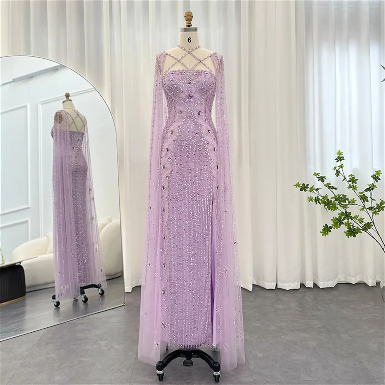 Classic Wedding Dress Cape Sleeves To Floor Square Collar Tie Beaded Patch Diamond Tulle Lace Luxury Blue/Purple Prom  Dress