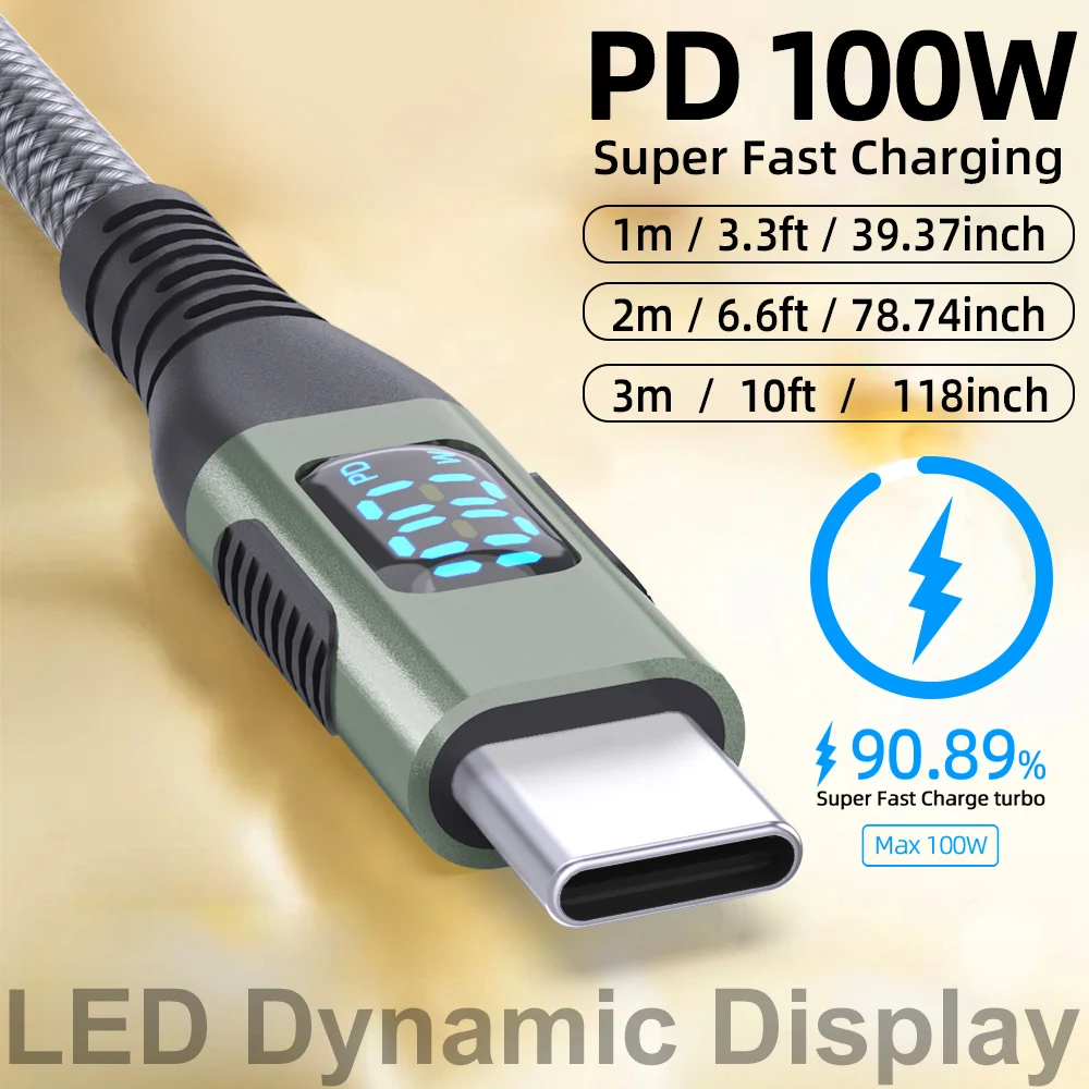High-Power USB-C to USB-C Cable with Digital Display – Fast Charging Nylon Braided Data Cable
