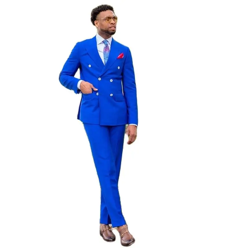 

Blue Double Breasted Mens Suit Sets Classic Fit Peaked Lapel Wedding Tuxedos Solid Color Customize Blazer for Occasions Clothes