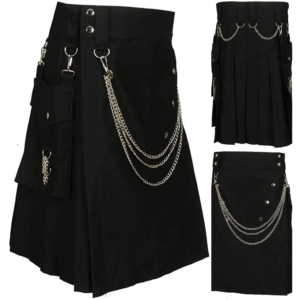 

Men Pleated Skirt Fashion Cool Pocket Kilts Black Gothic Kilts Vintage Cargo Scottish Kilt Metal Belt Casual Pleated Skirts