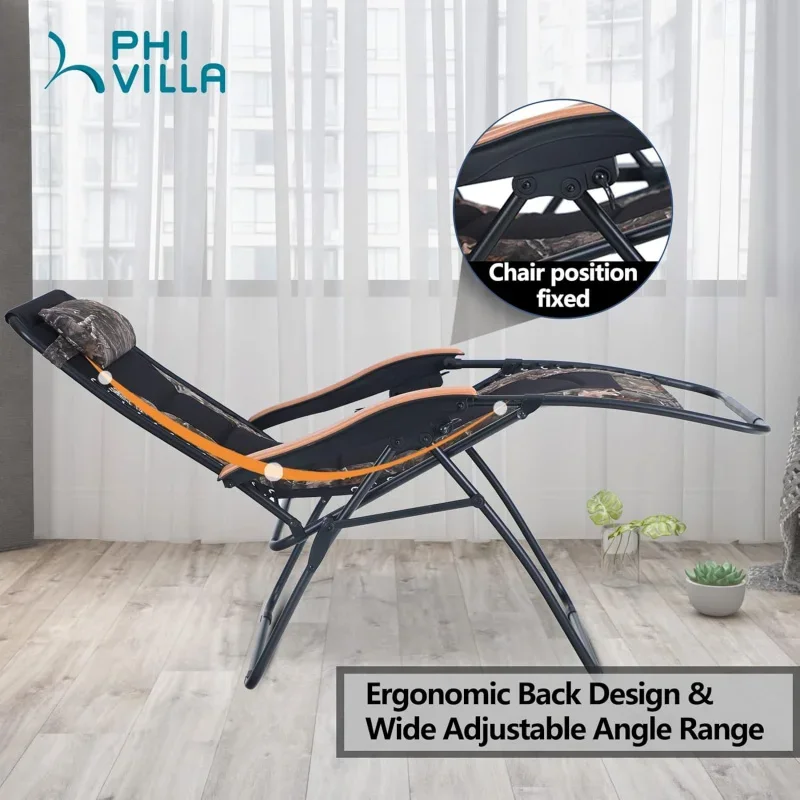 PHI VILLA Oversize Zero Gravity Chair 2, Padded Recliner, Patio Lounge Chair with Free Cup Holder,Support 350 LBS (Camoufla