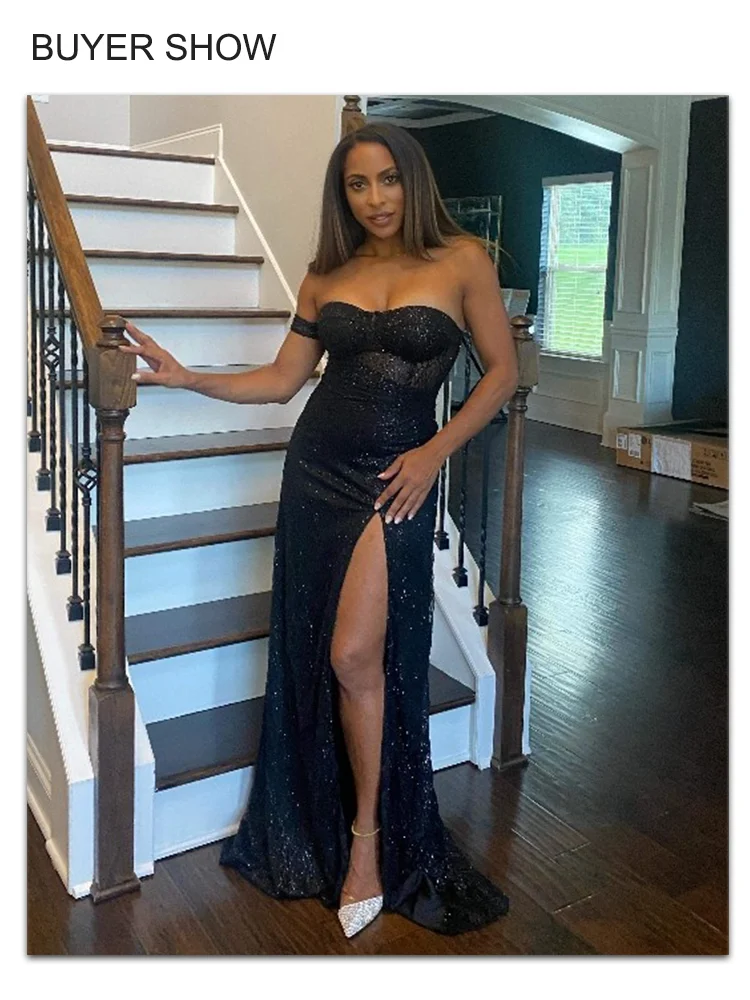 Romagic One Sleeve Strapless Long Ball Gown Split Leg Hollow Out Padded Black Glittered Party Maxi Dress Summer