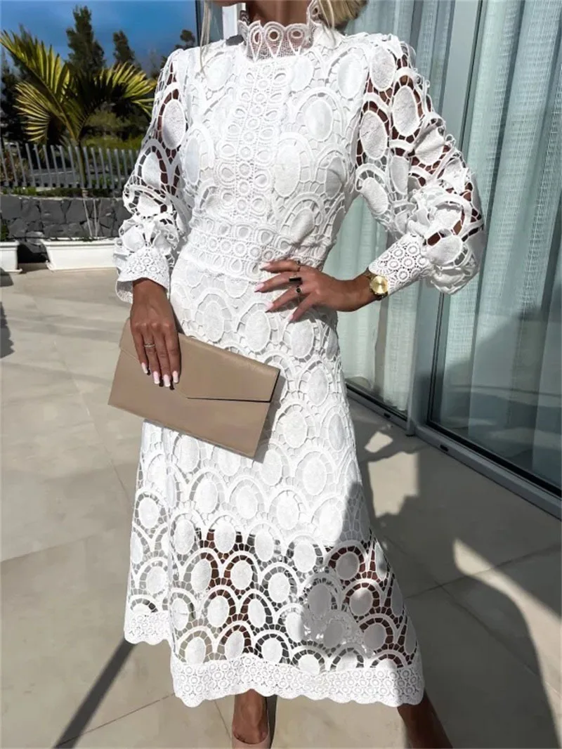 

Women Fashion Dress Long Sleeved Lace Splicing Crochet embroidery Solid Color Hollowed out A Ling Long Dress
