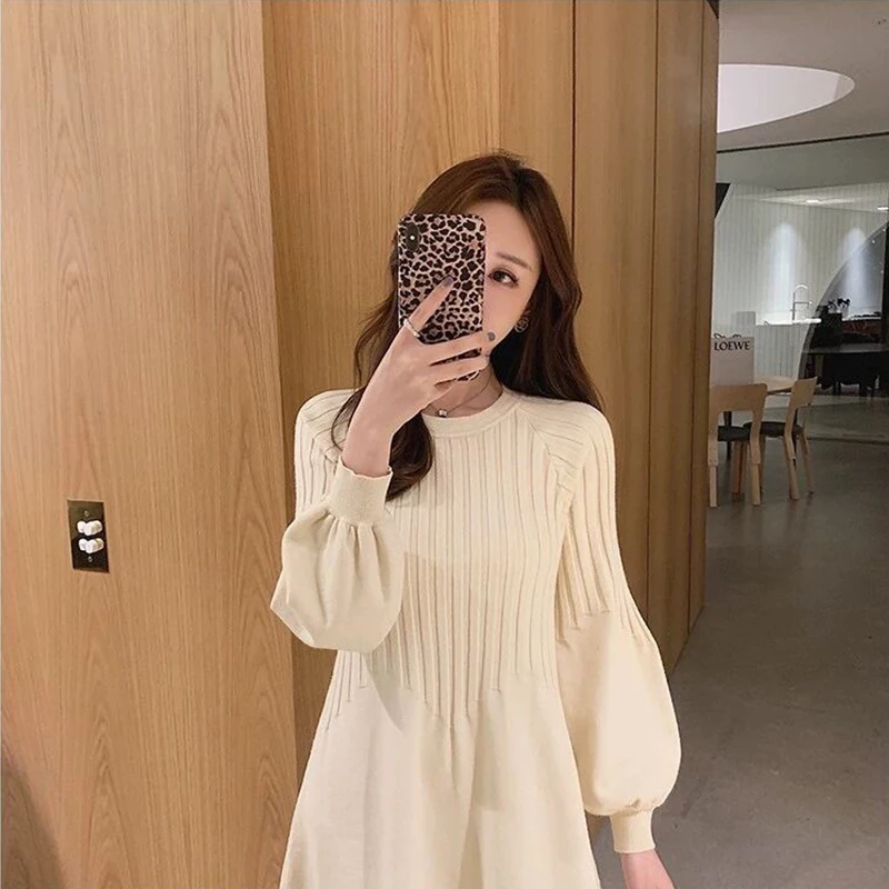 

Chic Elegant Women'S Long Dress White Women Knit Puff Sleeve Korean Clothing Winter Party 2022 New Hit Kawaii Dresses Designer