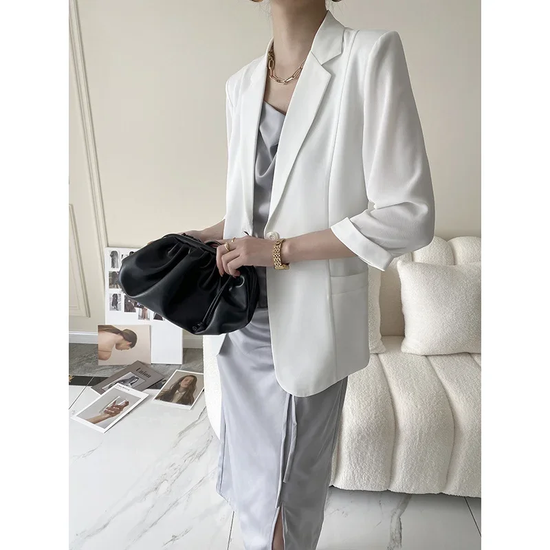 Black Suit Jacket Chiffon Blazers Women 2023 Half Sleeve Spring Autumn Korean Style Casual High-end Slim Suits Straight Coats