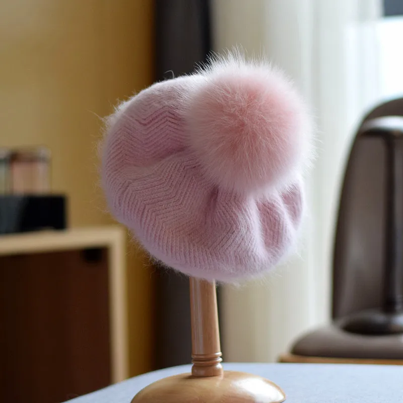 

Rabbit hair beret female fox hair ball knitted warm octagonal hat fashion Beanie hat