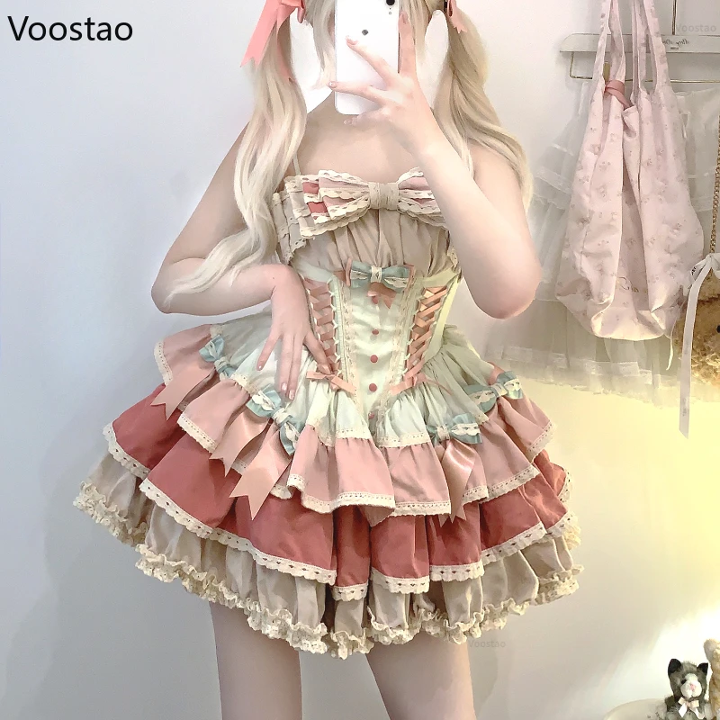 Sweet Lolita Jsk Mini Dress Women Kawaii Ruffles Bow Bandage Suspender Princess Dresses Vintage Y2k Elegant Fairy Party Dress