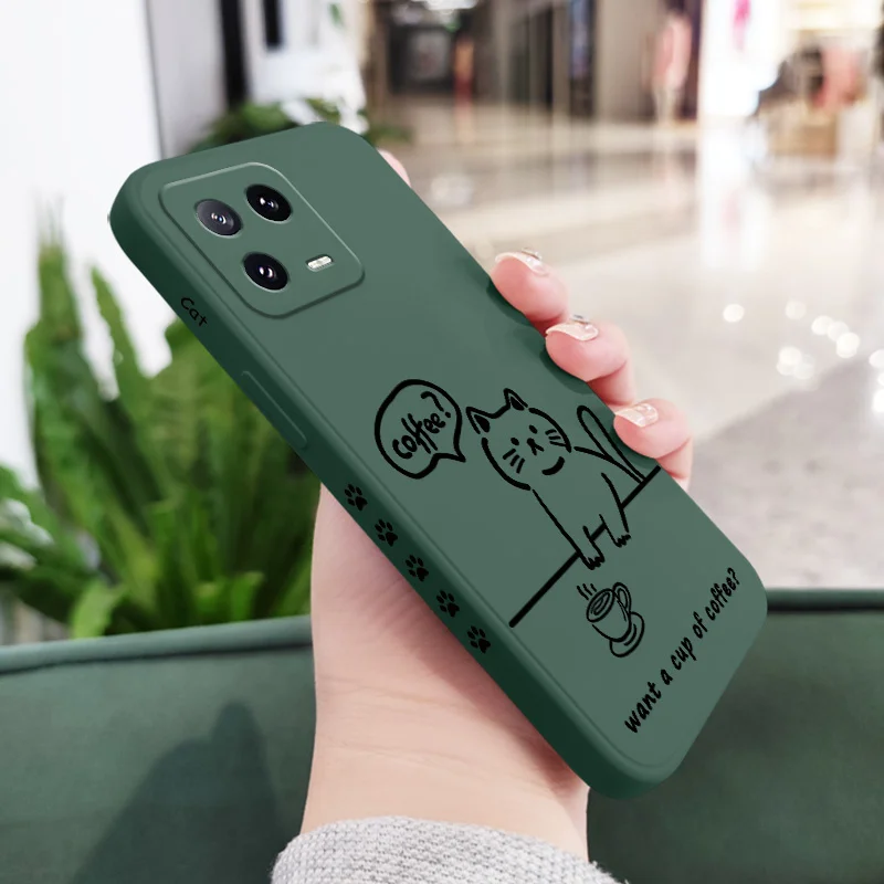 Chic Coffee Cat Liquid Silicone Phone Case Cover