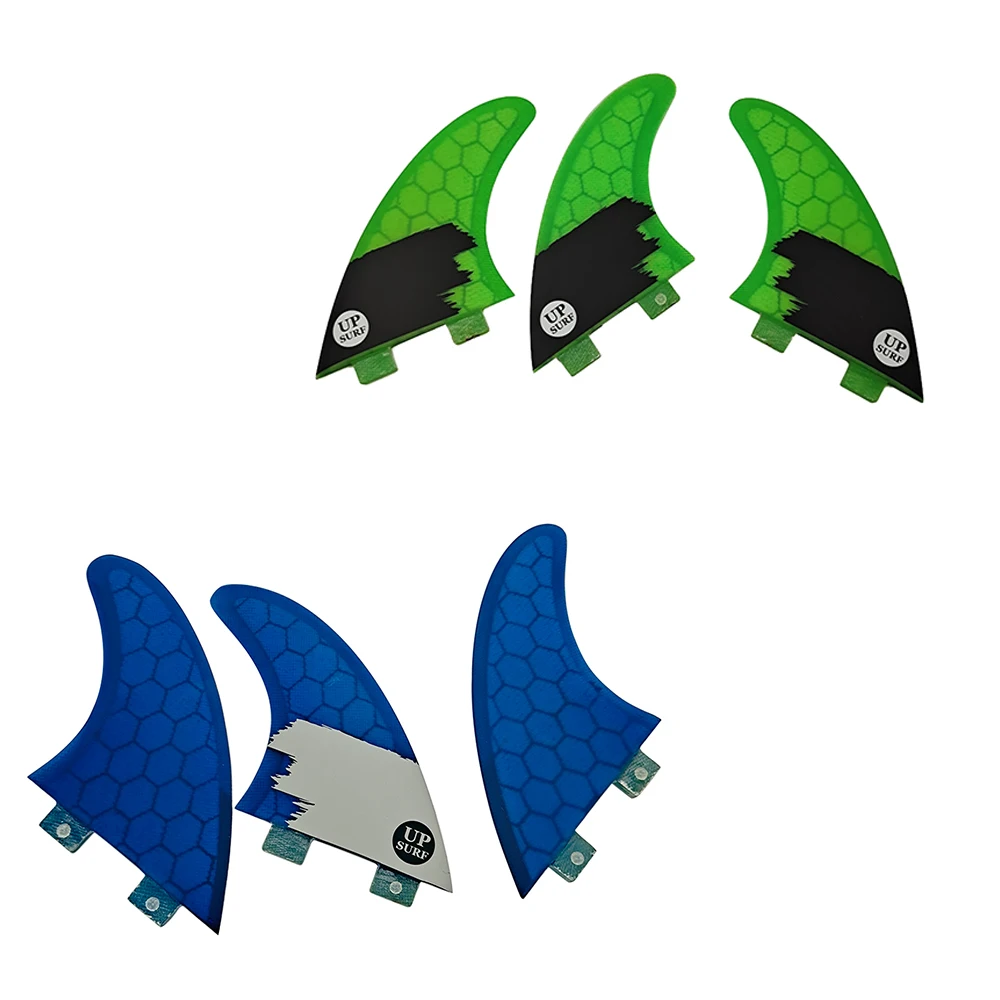 AM2 Size UPSURF FCS Blue/Green Short Board Fins Thruster Tri Surf Fins Double Tabs Fiberglass With Big Honeycomb Surfboard Fins upsurf future fin thruster g7 surfboard fins 3 pcs set blue color fiberglass honeycomb with carbon surf fin quilhas sup board