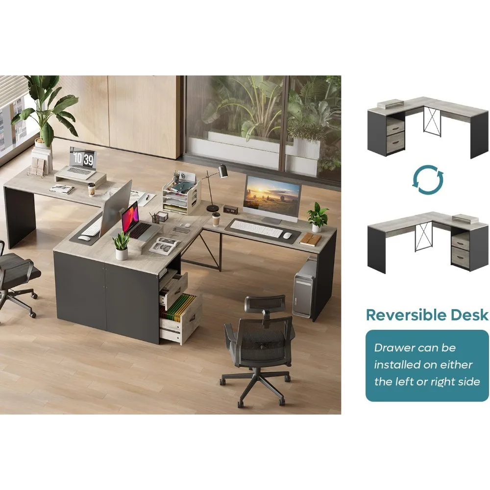 L Shaped Desk with Drawers, 55 inch Office L Desk with Reversible File Drawer, Industrial Wood Computer Desk 3