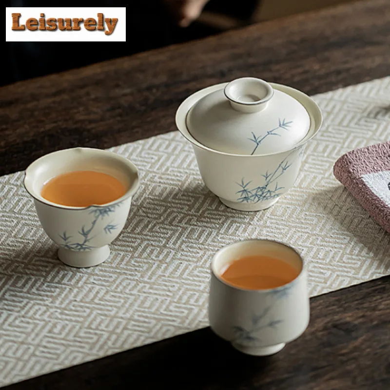 Japanese Powder Yin Hand-painted Bamboo Tea Set Kit 1 Pot 2 Cups Tea Making Outdoor Portable Travel Tote Cloth Bag Accessories