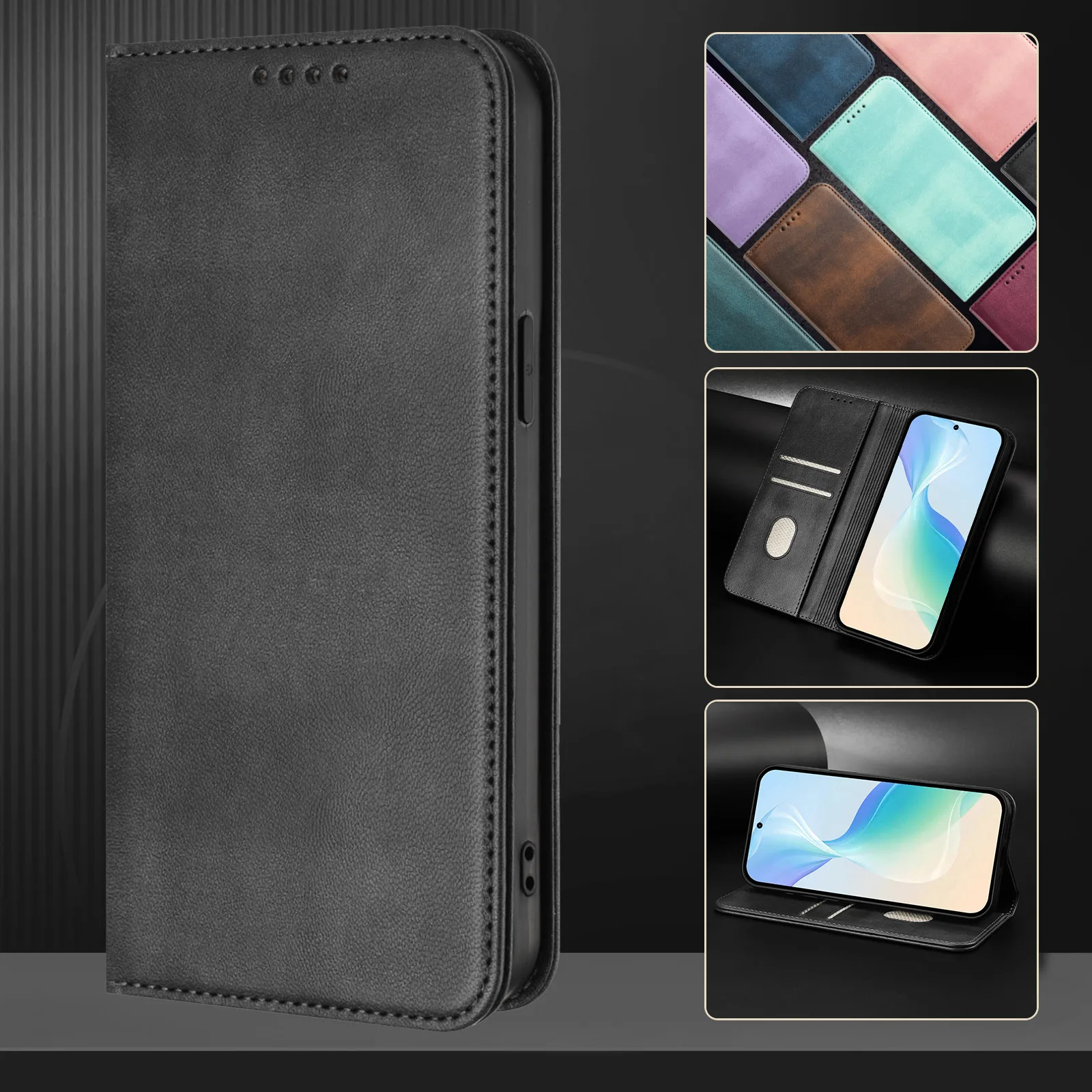 Modern Color Leather Book Case with Magnetic Holder and Card Slots - Anti-Scratch Wallet Cover