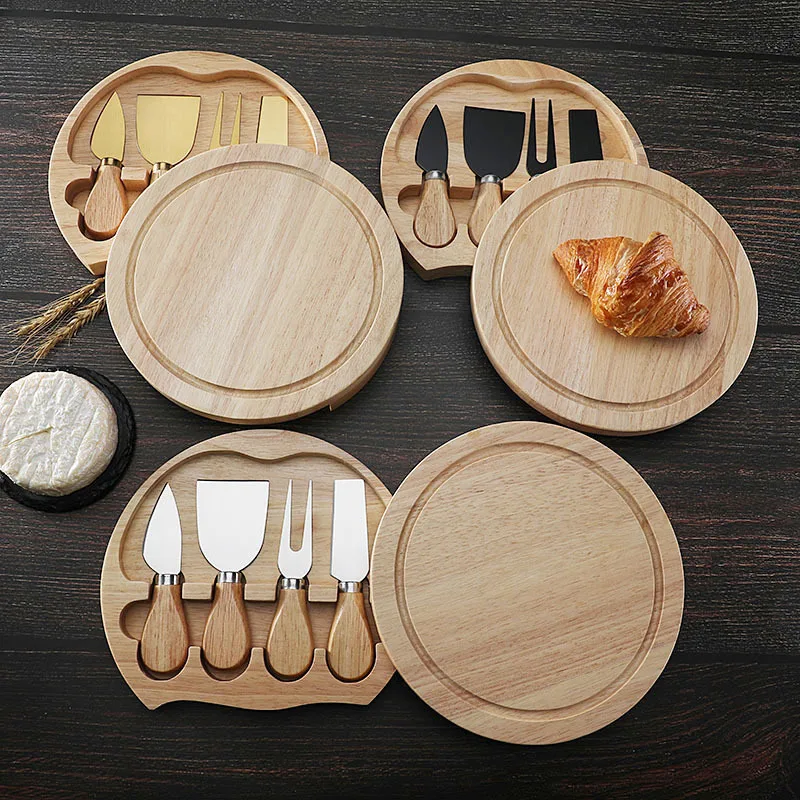 Round Oak Box 4-piece Cheese Knife Spatula Stainless Steel Cheese Tool Tableware Knife Set Gift Box