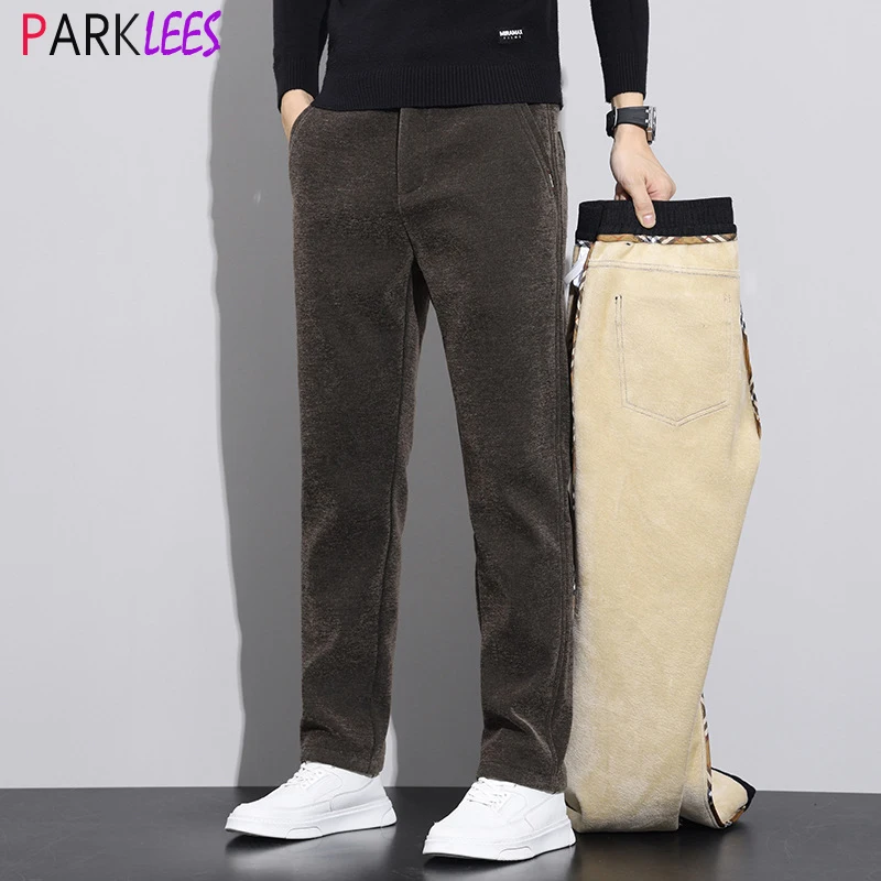 

Men's Winter Fleece Straight Pants Sherpa Lined Slim Fit Elastic Trousers Men Business Formal Casual Warm Flat-Front Pants Male