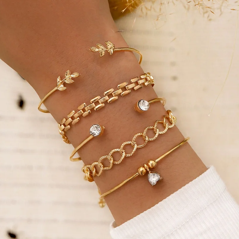 276371-4bc444.jpg S4c465eb217834e95b0200d3fbceb67d0h Trendy Geometric Link Chain Bracelet Set for Women Rhinestones Gold Color Leaves Heart Pendant Open Cuff Bangle Girls Jewelry Mallzona