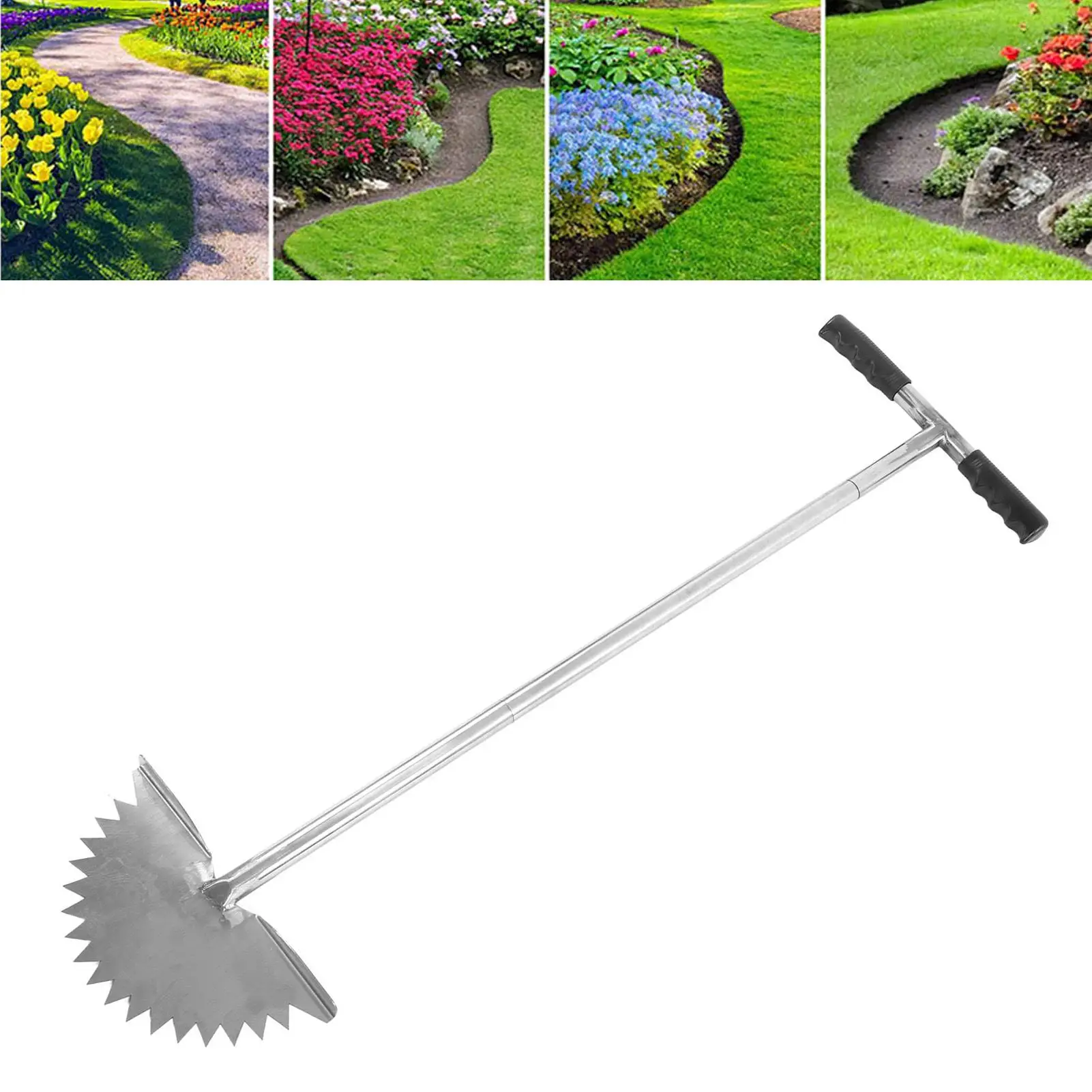 Manual Lawn Edger with Saw Tooth Blade-Half Moon Tool & T Handle for Precise Sidewalk Edge for cleaning