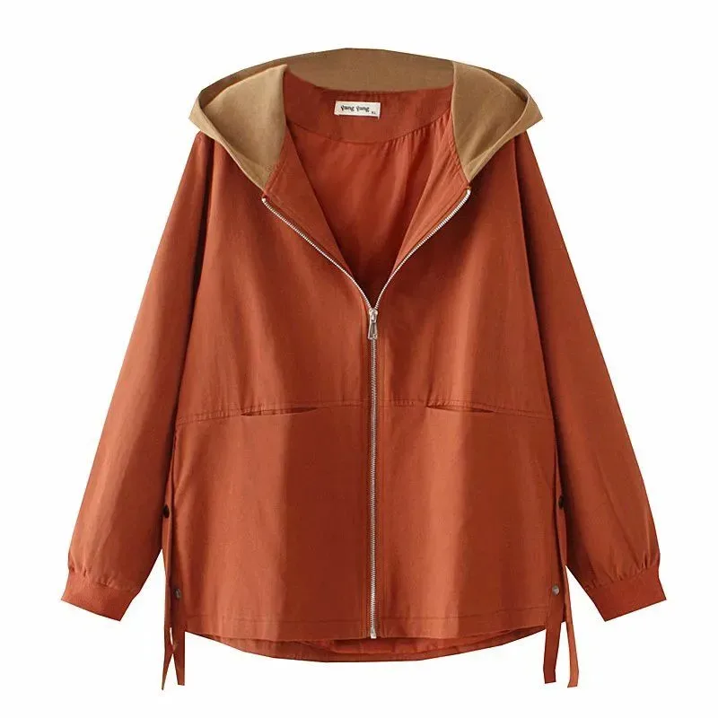 

Spring Autumn Windbreaker Women 2023 New Loose Fashion Hooded Coat Pure Colour Zipper Jacket Frenulum Button Coats Female
