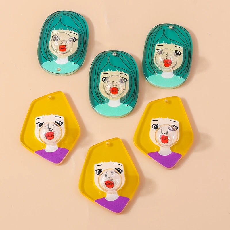 5pcs Cute Chewing Gum Blowing Bubble Girl Charms Creative Funny Pendant for Earring Necklace Keychains Diy Jewelry Accessories