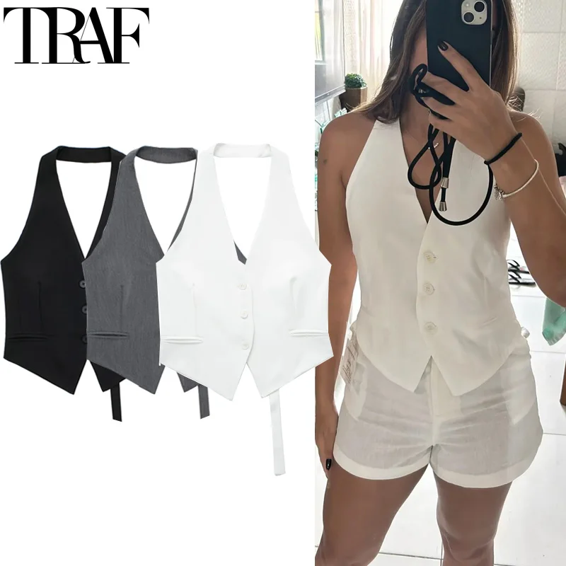 TRAF Women’s Suit Vest Halter Neck Sleeveless Vest Woman Off Shoulder Black White Short Vest 2024 Casual Backless Formal Vests Best Sellers In Women's Clothing TRAF Women’s Suit Vest Halter Neck Sleeveless Vest Woman Off Shoulder Black White Short Vest 2024 Casual Backless Formal Vests Best Sellers In Women's Clothing