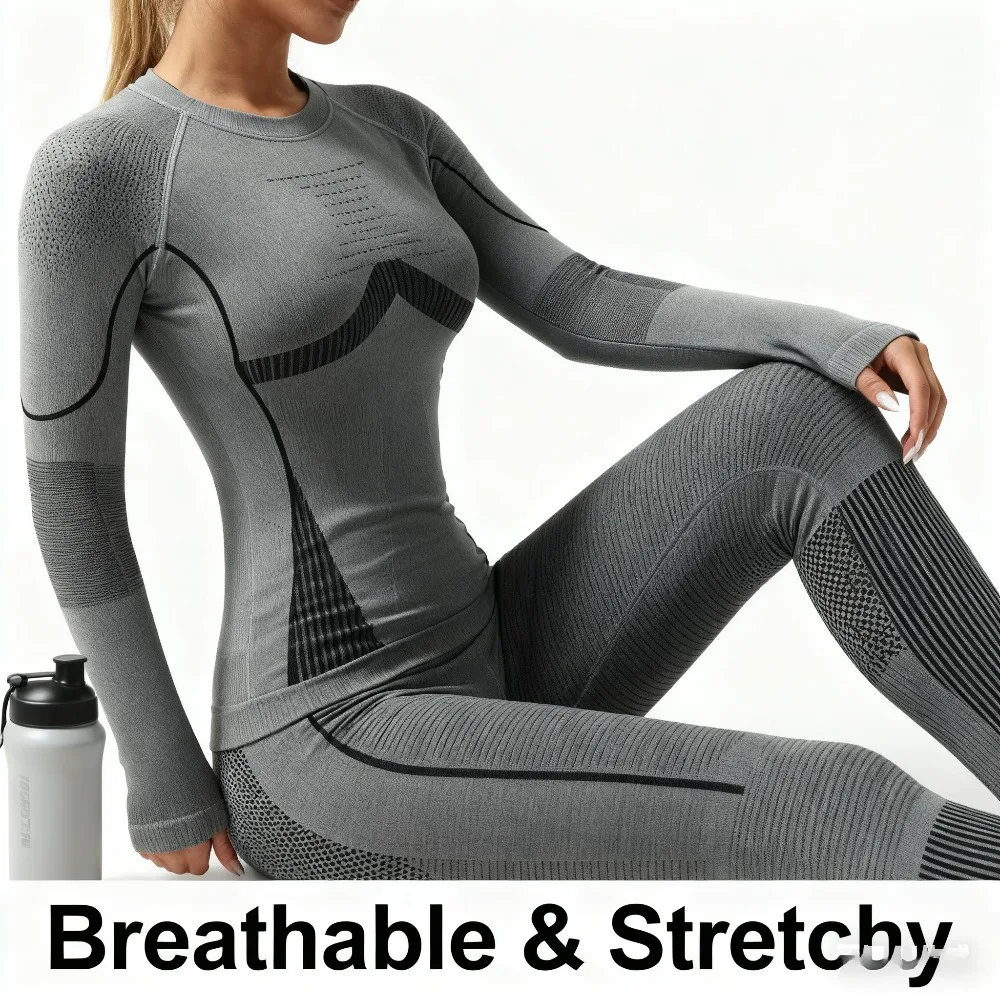 Ski Training Seamless Base Layer Set Autumn-Winter Warm Moisture-Wicking Quick-Dry Fitness Wear Simple Basic Style