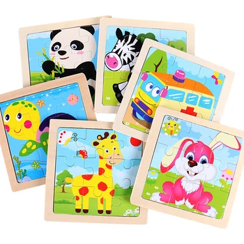 11cm/4.33in Kids Wooden Jigsaw Puzzle Games Cartoon Animal Vehicle Pattern Children Montessori Educational Toys 2