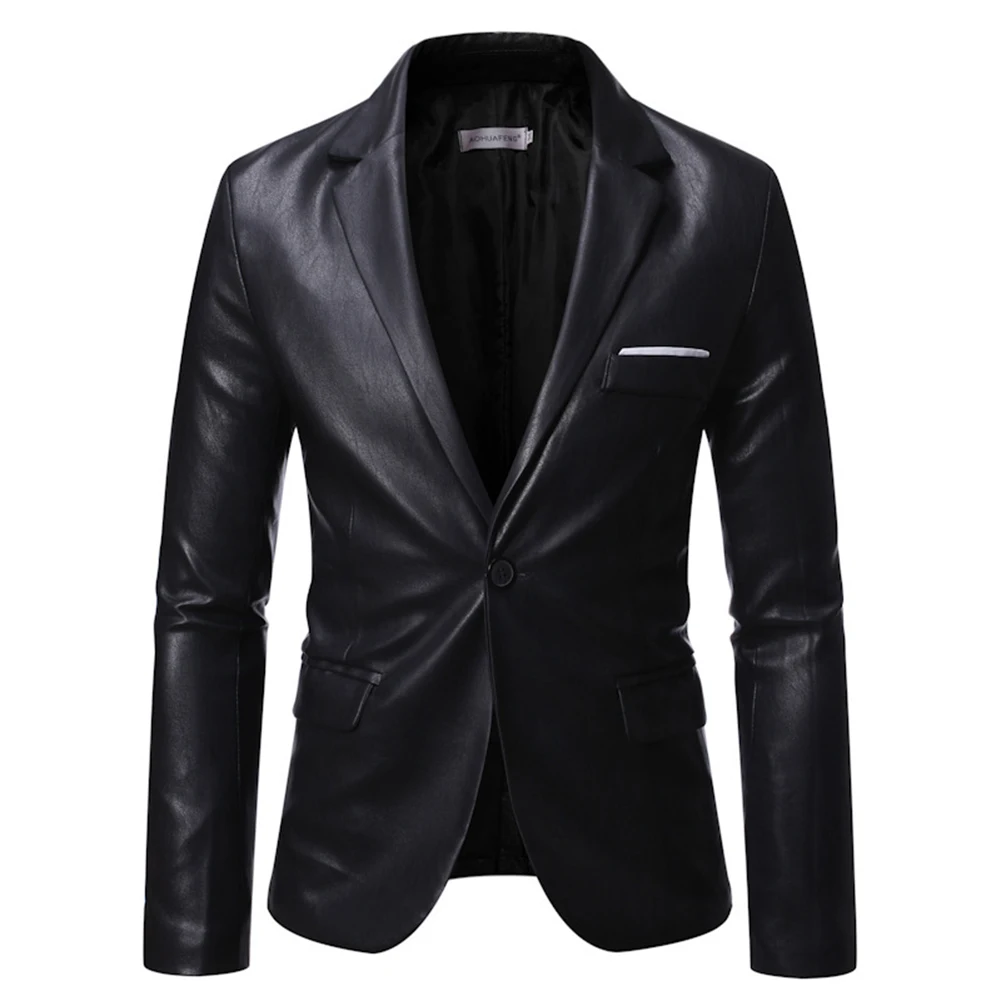 Description Picture 4 of itemMen Blazer 1pc Black Casual Coat Fashion Lapel Single Button PU Faux Leather PU Faux Leather Blazer Men Stylish