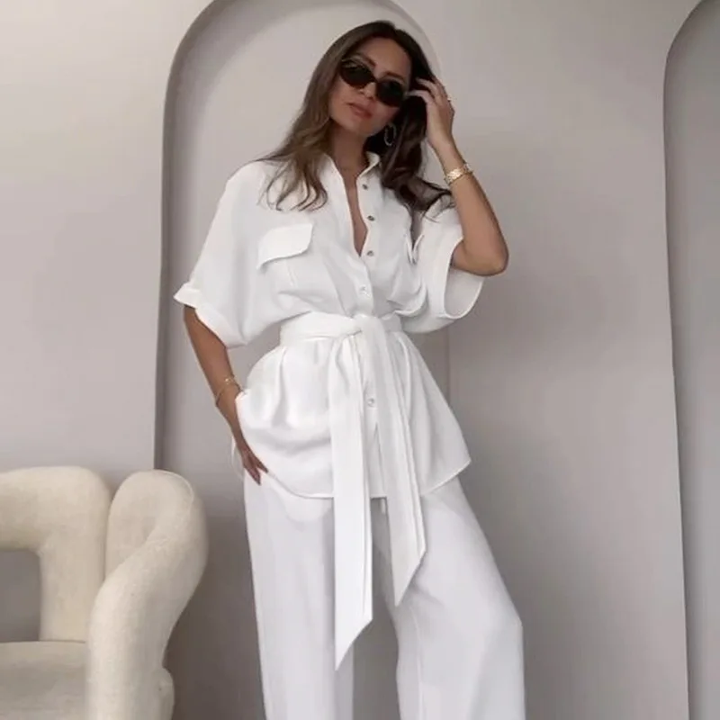 

Женский брючный костюм Doris Fanny, модная белая рубашка, свободные длинные прямые брюки с высокой талией, комплект из двух предметов, лето 2024