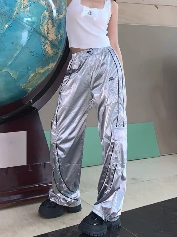 ADAgirl Cyber Y2k Cargo Pants Women Techwear Silver Stripe High Waist Sweatpants Hip Hop Vintage Wide Leg Trousers Lady Joggers adagirl blue ripped jeans for women streetwear baggy lace hollow out causal wide leg denim trousers y2k cutecore mujer pants new