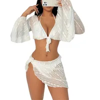 Women's 4 Piece Bikini Halter Neck Triangle Set High Cut Bikini Lettuce Trim Swimsuit Bathing Suit Cover Up Set - Image 5