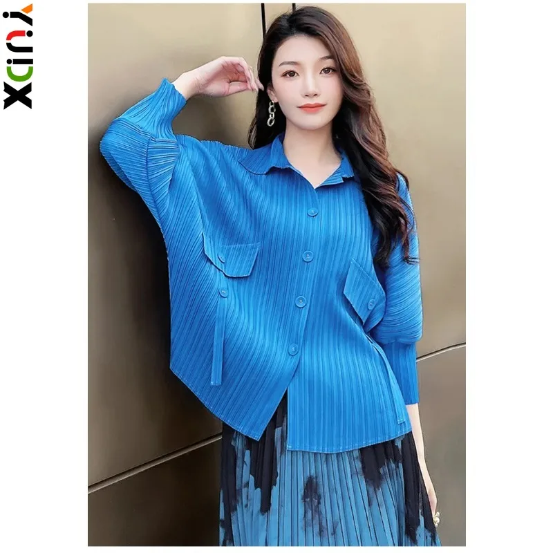 

YUDX Miyake Pleated Loose Shirt Women's Spring Fall New Jacket Vertical Fake Pockets Bat Streetwear Sleeve Design Slim Top
