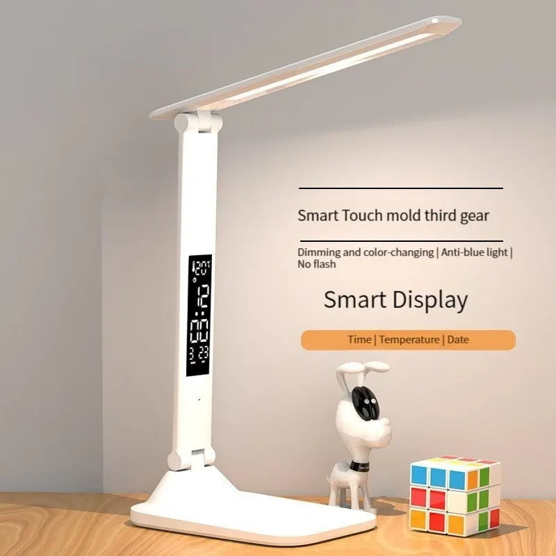 LED Clock Desk Lamp USB Rechargeable/Plug-In Dimmable Desk Lamp 2Heads 180 Rotatable Foldable Eye Protection Reading Night Light 6