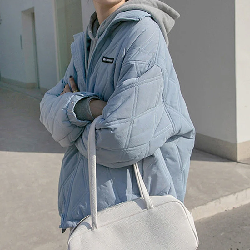 

Stand up Collar Rhombic Plaid Cotton Jacket for Women, Plush Velvet Jacket, College Style, Autumn and Winter, 2023