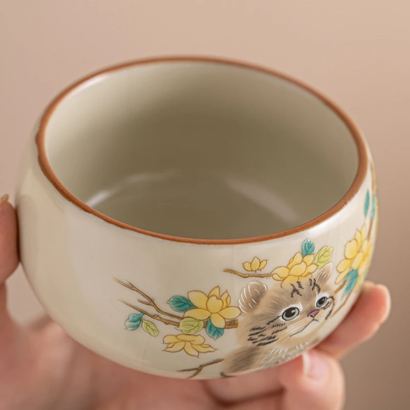 Ru Kiln Cute Cat Teacup Cute Ceramic Tea Cup Chinese Kung Fu Gongfu Tea Set Single Master Cup Chazhan Can Teaware Drinkware