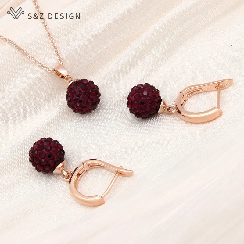 S&Z DESIGN New Elegant 585 Rose Gold Color Round Crystal Dangle Earrings Jewelry Sets For Women Party Jewelry Pendant Necklace