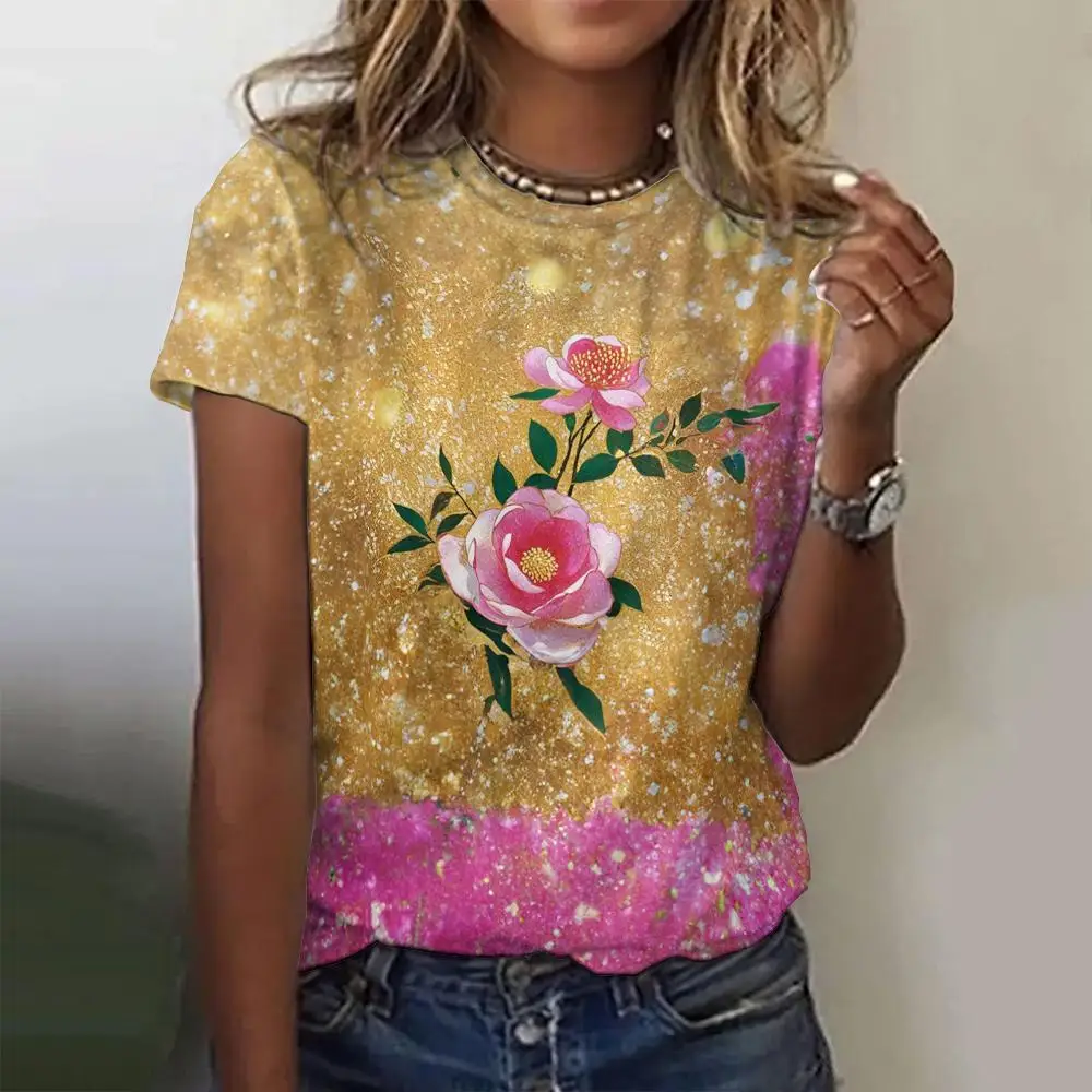 

2024 New T-Shirt For Women Floral Print Blouse Tees Summer Plus Size T-Shirts For Women's Clothing O-Neck Tees Female Fashion