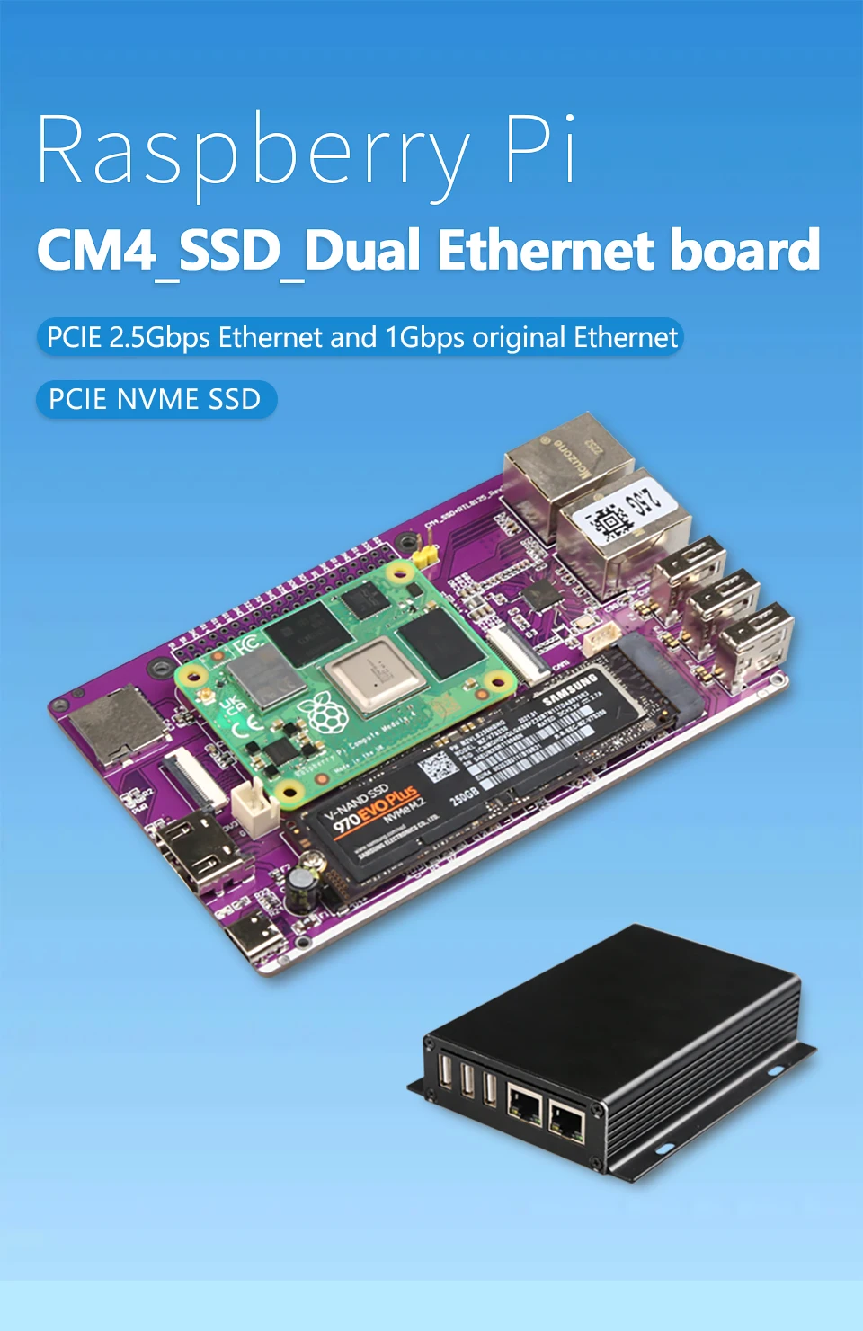 placa de expansão dos ethernet do pi da ethernet de pcie ethernet original de ssd de pcie nvme